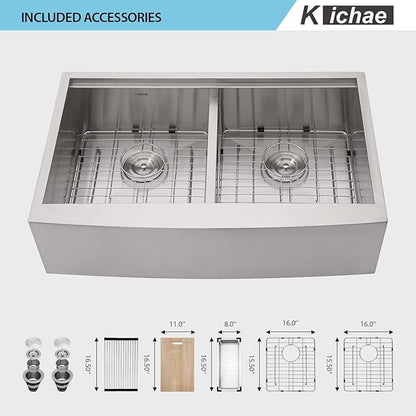 Kichae 33 Farmhouse Sink Double Bowl - 33 Inch Kitchen Sink Apron Front Stainless Steel Handmade Low Divided 50/50 Double Bowl Workstation Sink Basin