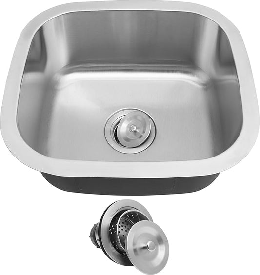 18 Inch Undermount Kitchen Sink, 18 x 16 x 8 Inch Stainless Steel Bar Sink Undermount Small Kitchen Sink RV Round Corner Sinks with Drain Assembly