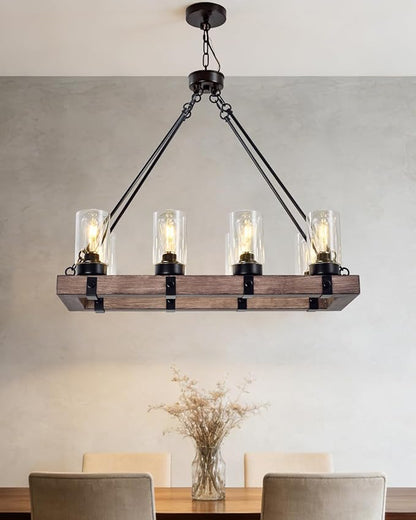 8-Light Wooden Island Pendant with Clear Glass Shades Rustic Linear Pendant Light Ideal for Kitchens, Dining Rooms, and Bars