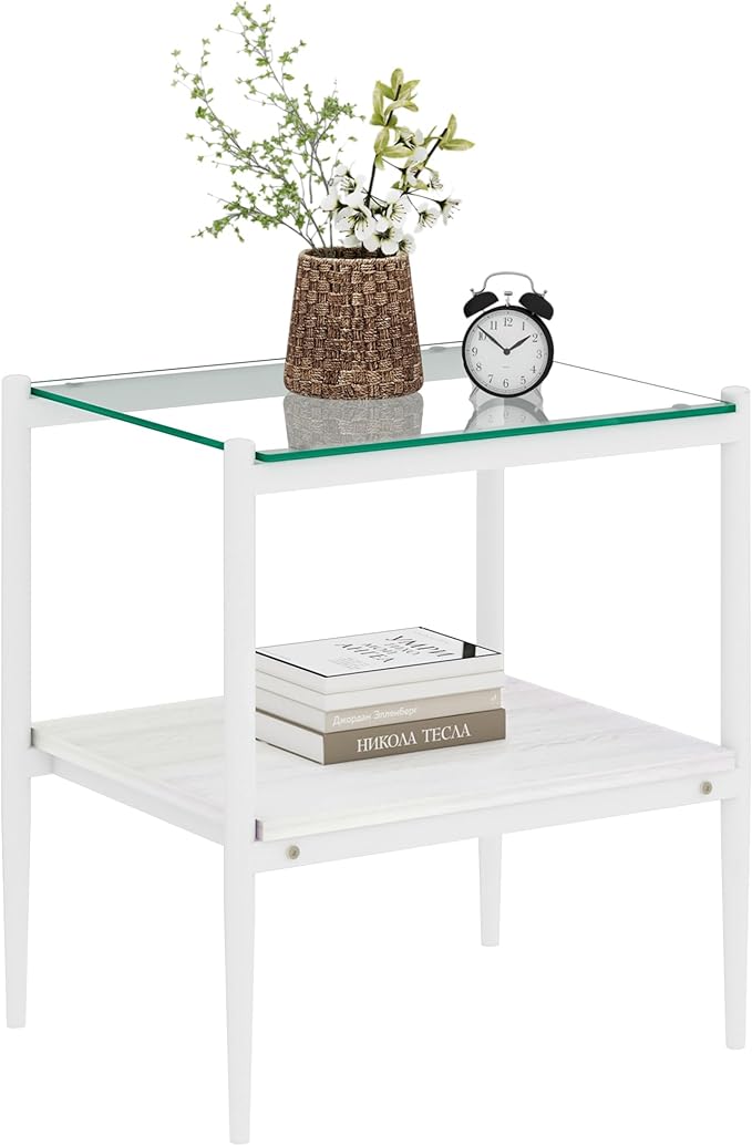 Set of 2 Glass End Table, 2-Layer Glass Living Room Table, Modern Tea Table Side Tables for Home Office Furniture