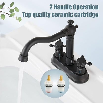Aolemi 4 Inch Centerset Bathroom Sink Faucet Vintage 2 Cross Handle RV Mixer Tap Basin Vanity Lavatory Utility for Sink 3 Hole Include Hoses Pop Up Drain Faucet Handle Without Label Matte Black