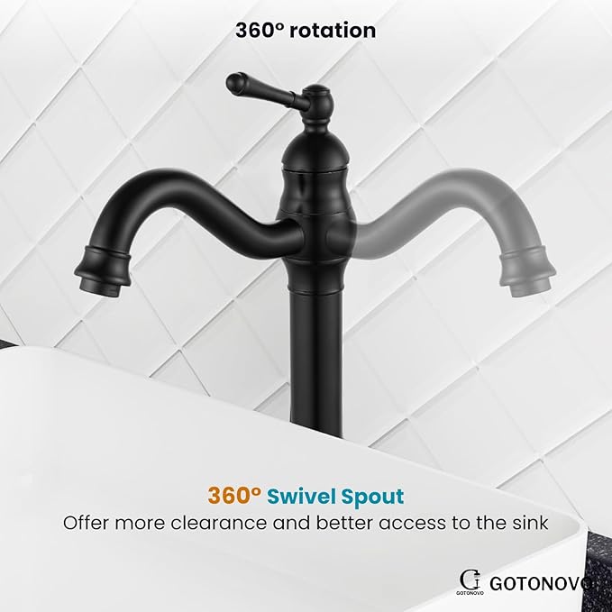 gotonovo Vessel Sink Faucet 360° Swivel Spout Single Handle Tall Bathroom Faucet 1 Hole Farmhouse Lavatory Washbasin Mixer Tap Matching Supply Hoses, Without Pop Up Drain, Matte Black