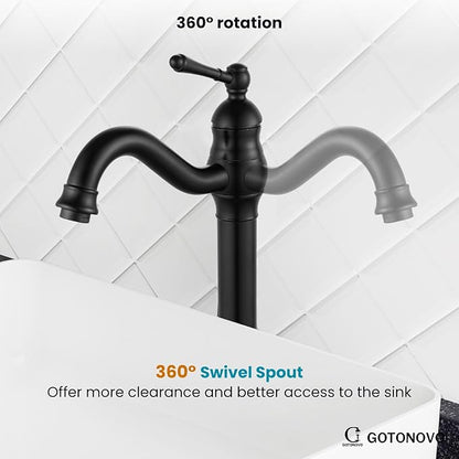 gotonovo Vessel Sink Faucet 360° Swivel Spout Single Handle Tall Bathroom Faucet 1 Hole Farmhouse Lavatory Washbasin Mixer Tap Matching Supply Hoses, Without Pop Up Drain, Matte Black