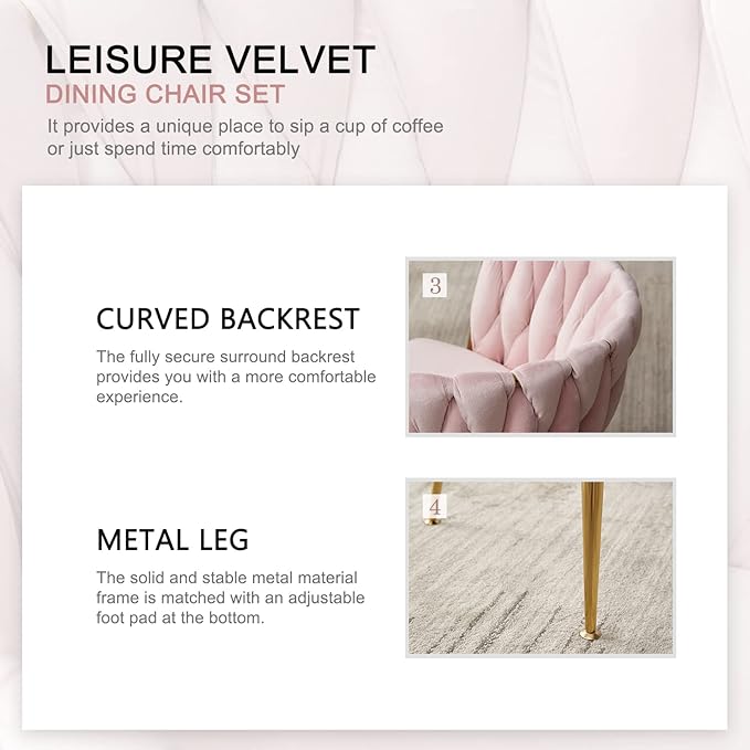 Nrizc Woven Dining Chairs Set of 2, Velvet Upholstered Dining Chairs with Gold Metal Legs, Modern Accent Chairs for Living Room, Dining Room, Kitchen (Pink)