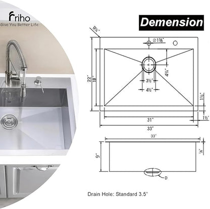 Friho 33x22 Drop in Kitchen Sink, Top Mount Commercial Handmade 18 Gauge Single Bowl Stainless Steel Sink with Basket Strainer