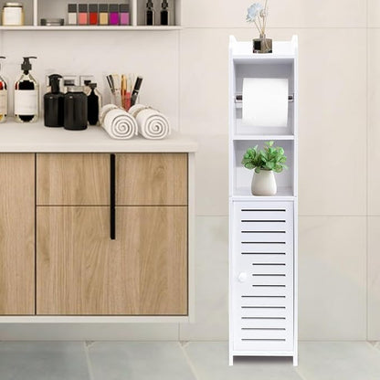 ShellKingdom Toilet Paper Holder Stand with Rods, Small Bathroom Storage Cabinet with Doors and Shelves, Slim Storage Cabinet for Bathroom Small Spaces Corner Floor - White