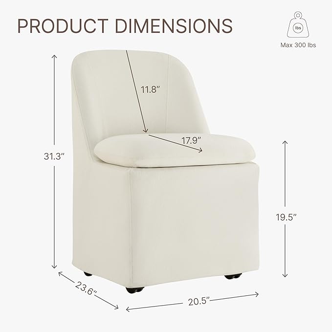 KISLOT Upholstered Dining Chairs Set of 1 with Casters, Modern Side Armless Deskchair with Washable Slipcover & Sturdy Metal Frame for Diningroom Bedroom Livingroom Reading Room, Beige Fabric