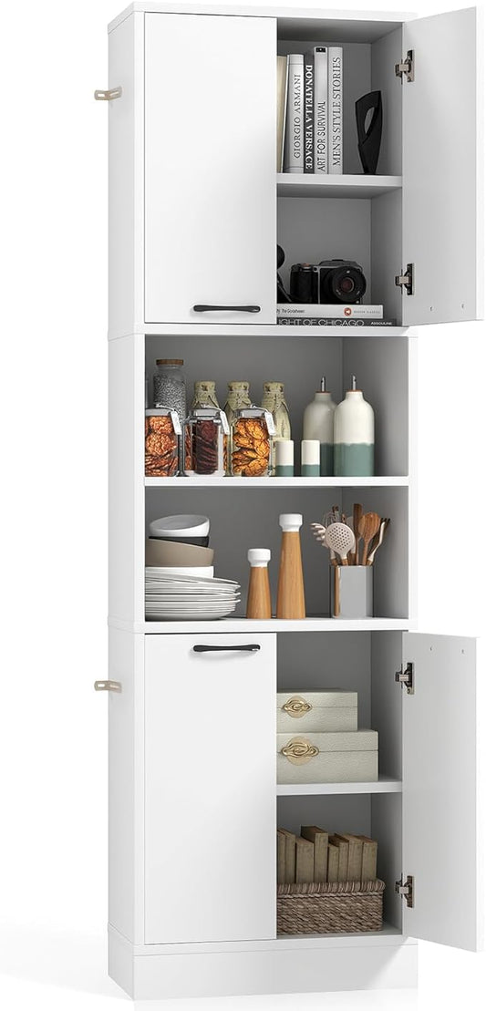 75” Kitchen Pantry Cabinet, Tall Freestanding Kitchen Hutch with 4 Doors, 2 Open Shelves & 4 Anti-Tipping Devices, Bathroom Storage Cabinet for Living Room, Dining Room (White)