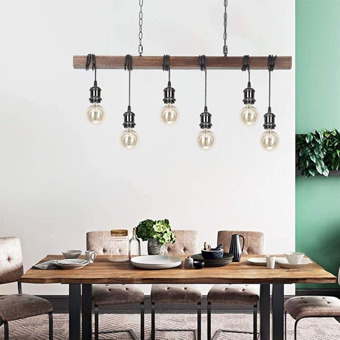 Eoyemin 6-Lights Kitchen Light Fixtures Farmhouse Wooden Retro Rustic Wood Pendant Light Industrial Suspension Line Can Be Adjusted Freely Chandelier for Dining Table Vintage Kitchen Bar Island