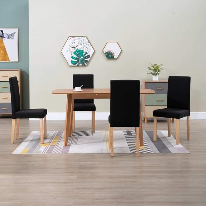 Dining Chairs Set of 4 Black Fabric and Rubber Wood, Modern Farmhouse Style Ergonomic Design for Comfortable Seating, Sturdy Furniture for Dining Room Kitchen Living Room