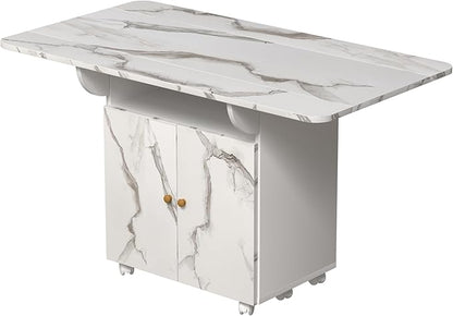 Convertible Rolling Folding Dining Console with Marble Texture Top, Space-Saving Kitchen Island Cabinet on Lockable Casters, Expandable Drop Leaf Table Storage Shelves Drawer Versatile Workstation