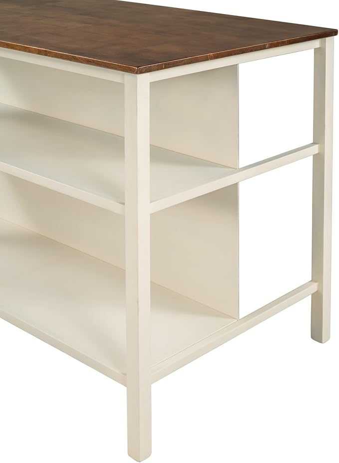 LUMISOL 3 Pieces Dining Table Set, Rustic Stationary Kitchen Island Set with 2 Seatings, Farmhouse Dining Table with Shelves for Small Place (Walnut + Cream White)