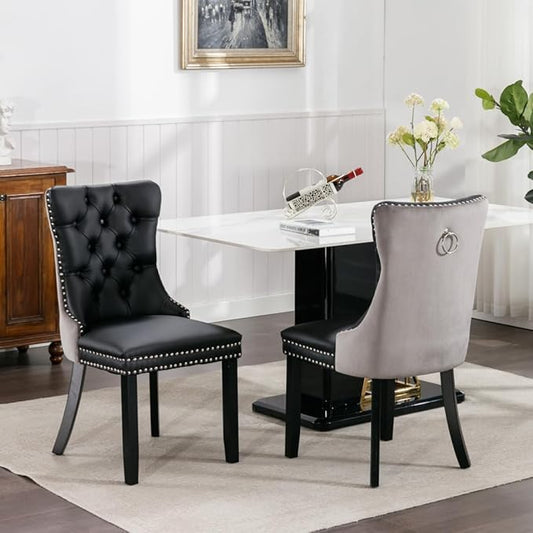 Dining Chairs Set of 2, PU Leather Upholstered Dining Room Side Chairs with Button Tufted Back, Nailhead Trim & Wooden Legs, Modern Counter Height Bar Stools for Home Kitchen Island, Black+Gray