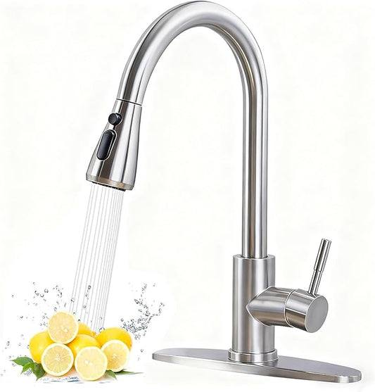 HOTIS Kitchen Faucet with Pull Down Sprayer, Brushed Nickel Stainless Steel High Arc Single Handle Faucets with Deck Plate for 1 or 3 Hole, Suitable for Farmhouse Camper Rv Bar, HT-KYT010L-D-2