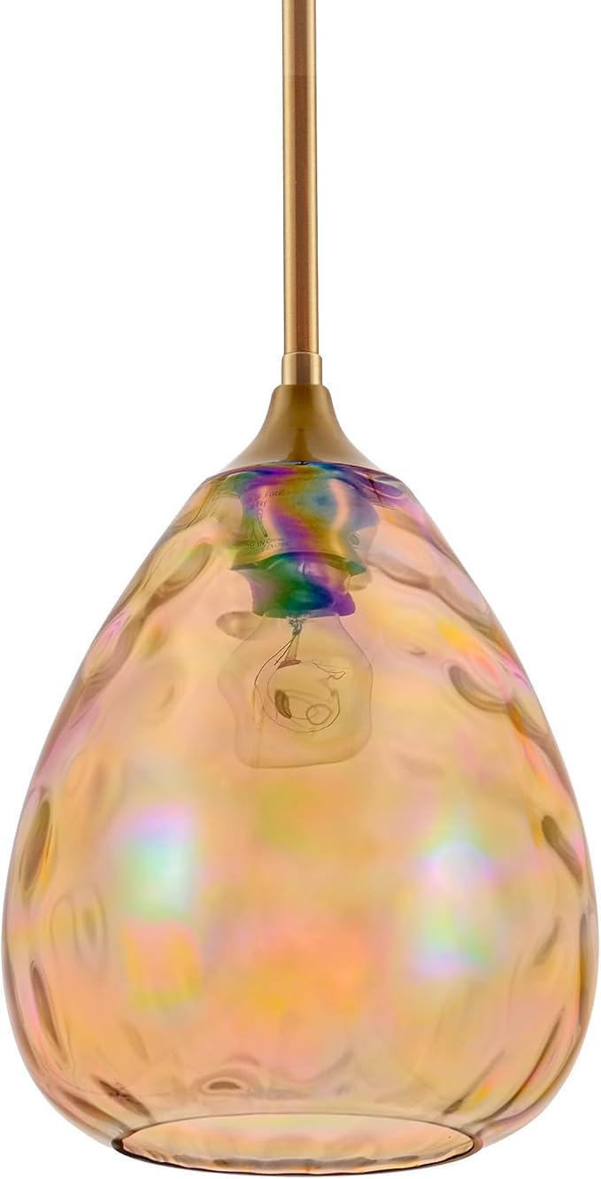 Colorful Amber Hammered Glass Pendant Light with Brass Gold Accent, Adjustable Hanging Lamp for Kitchen, Dining Room, and Living Room