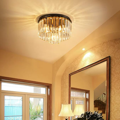 AGV LIGHTING Crystal Ceiling Light Fixture, Modern Semi Flush Ceiling Light, D12 x H8, E12 Base 3-Lights, Black Finish