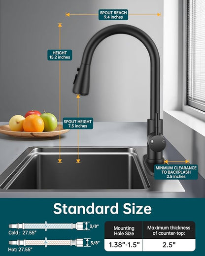Hiqufet Kitchen Sink Faucet with Pull Down Sprayer with Deck Plate, 1 or 3 Holes High Arc Faucet, Stainless Steel Modern Bar Sink Faucets for Pot Filler, Farmhouse Laundry, RV Bathroom (Black)