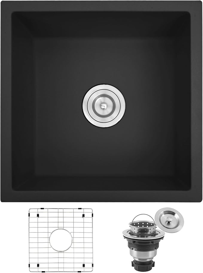Black Undermount Kitchen Sink, Granite Composite Kitchen Sink with Drain Assembly & Bottom Gird,18 Inch Quartz Stone Kitchen Sink,Small Kitchen Sinks used at Bar,Outdoor and WetBar (Black, 18"x18")