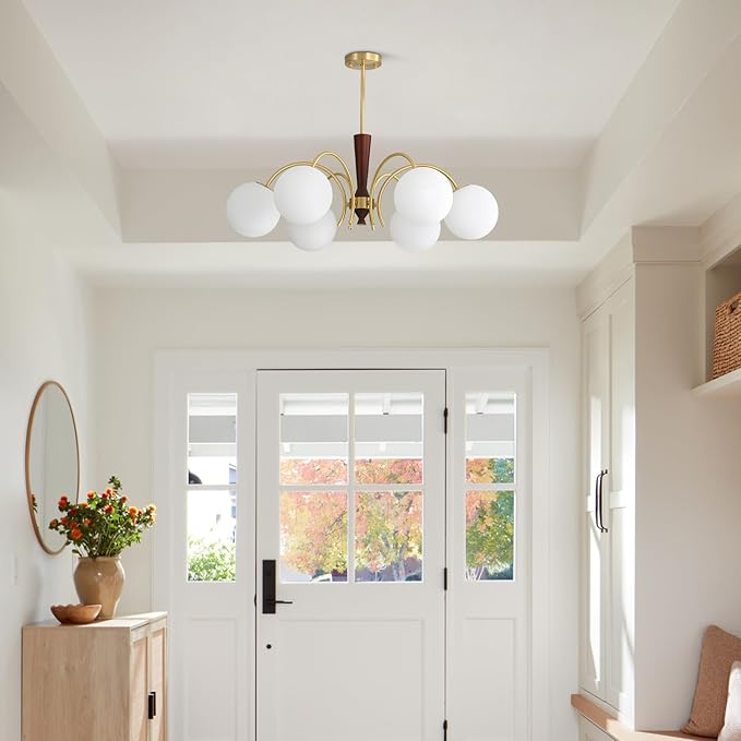 KCO Lighting 6 Light Gold Sputnik Light Fixture Vintage Brass Milk Glass Chandelier White Globe Pendant Lights Kitchen Island Modern Farmhouse Chandeliers for Dining Room