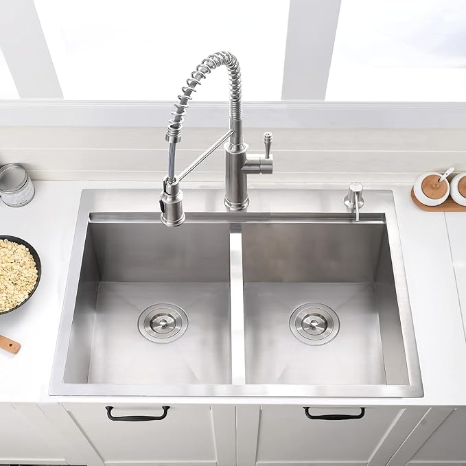 33 Inch Double Bowl Drop In Kitchen Sink Workstation - VOKIM 33 x 22 Inch Stainless Steel sink 16 Gauge Stainless Steel Drop In Kitchen Sink 10 Inch Deep 50/50 Double Bowl Sink
