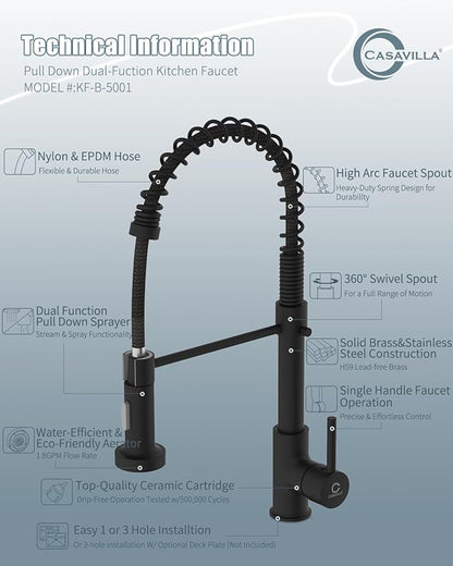 Black Kitchen Faucet, Kitchen Faucet with Soap Dispenser, Faucet for Kitchen Sink, Single Handle Stainless Steel Kitchen Sink Faucets with Pull Down Sprayer, Camper Farmhouse RV Sink Faucet