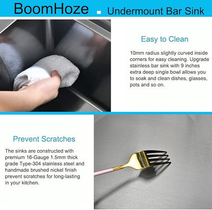 Black Undermount Bar Sink, 15 x 17 Inch Black Stainless Steel Undermount Kitchen Sink Single Bowl 16 Gauge Wet Bar Prep Basin