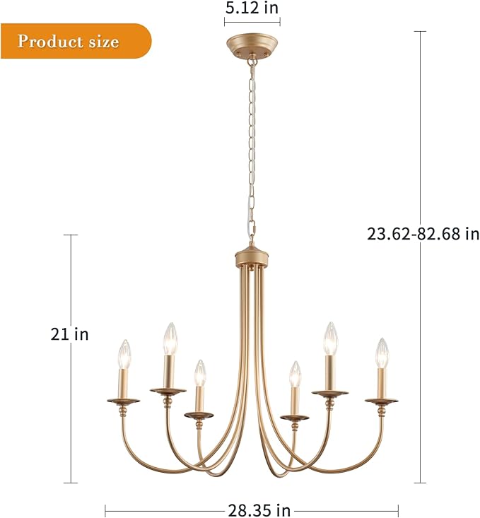ALISADABOY Gold Farmhouse Chandelier Modern Candlestick Dining Chandelier Light Fixture Industrial 6 Light Pendant Lighting for Kitchen Living Room Bedroom Foyer Entrance Hallway Entryway