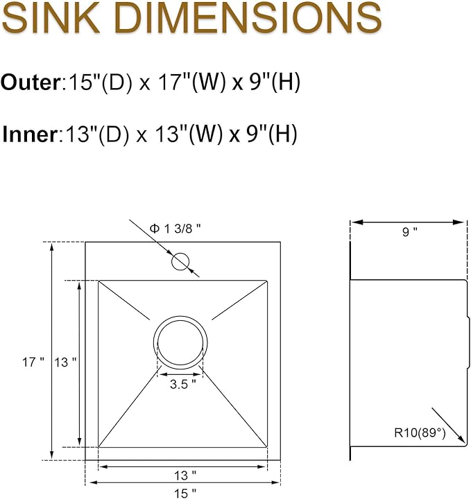 IKEBANA 15x17 Inch Black Bar sink, Drop in Stainless Steel Small Kitchen Sink, Topmount Single Bowl Sinks for Wet Bar RV Outdoor Prep Laundry