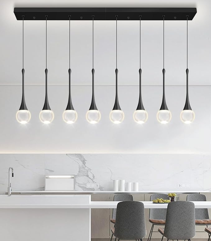 Rectangular Crystal Pendant Lights for Kitchen Island 8 Light Dimmable Crystal Chandelier Lighting Fixtures with Remote for Dining Room Living Room Black