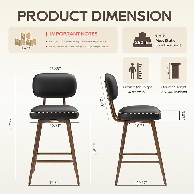 MALOL 26“ Swivel Bar Stools Set of 6, Mid Century PU Leather Counter Height Bar Chairs with Low Back and Metal Legs, Modern Bar Stool Chair for Kitchen Island, Black