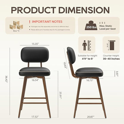 MALOL 26“ Swivel Bar Stools Set of 6, Mid Century PU Leather Counter Height Bar Chairs with Low Back and Metal Legs, Modern Bar Stool Chair for Kitchen Island, Black