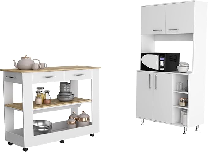 GOWE Nadina 4-Door 2-Drawer 2-Piece Kitchen Set, Kitchen Island and Kitchen Pantry White and Light Oak