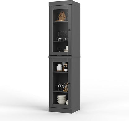 Palace Imports Solid Wood Kitchen Pantry Cabinet w/Glass Doors - Narrow Storage Cabinet - 16.5" Wide x 71.5" Tall - Gray, Adjustable Shelves, 100% Eco-Friendly Wood, Modular Cabinets