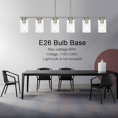 TODOLUZ 6-Light Kitchen Island Lighting with Clear Glass Shades, Modern Linear Pendant Light Fixture for Dining Room Pool Table, Brushed Nickel Finish