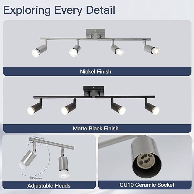 SEEBLEN 4-Light Nickel Track Lighting Kit, Adjustable GU10 Ceiling Spotlight Fixture with Rotatable Heads, Modern Flush Mount for Kitchen Island, Hallway, Living Room (Bulbs Not Included)