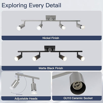 SEEBLEN 4-Light Nickel Track Lighting Kit, Adjustable GU10 Ceiling Spotlight Fixture with Rotatable Heads, Modern Flush Mount for Kitchen Island, Hallway, Living Room (Bulbs Not Included)