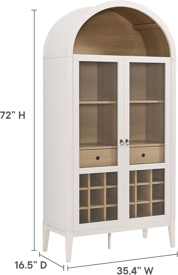 Modway Nolan Modern Farmhouse Arched Bar Cabinet in Ivory Wood Grain - 72 Inch Tall Wine Storage Cabinet with Glass Doors and Wine Rack - Large Liquor Cabinet for Dining or Living Room