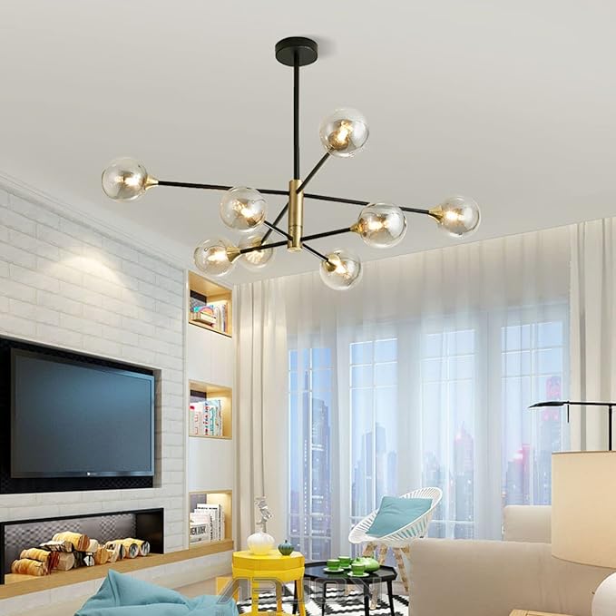 BOKT Black Gold Chandelier Pendant Light Mid Century Modern Sputnik Chandelier Light Fixture Globe Flush Mount Ceiling Light Amber Glass Ball Chandelier Kitchen Island Lighting