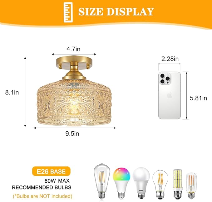 Daunton Small Semi Flush Mount Ceiling Light Fixture, Vintage Gold Close to Ceiling Lighting with Amber Etched Glass Shade for Hallway, Kitchen, Entryway (Retro Design, Easy Install)