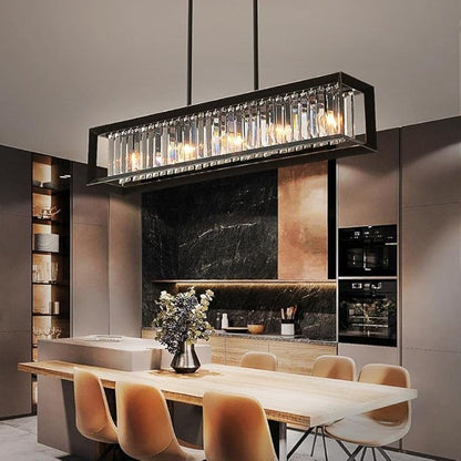 Crystal Black Chandeliers for Dining Room, Modern Linear Chandelier with 5 Light, Rectangle Farmhouse Semi Flush Mount Ceiling Pendant Light Fixture for Kitchen Island