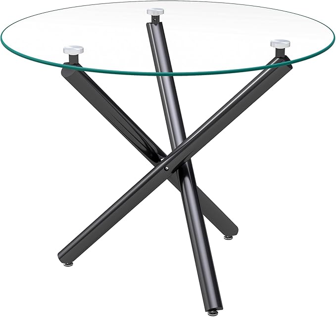 Pvillez 36“ Round Dining Table for 4, Contemporary Tempered Glass Dining Table, Small Dinner Table with Black Cross Metal Base, Round Clear Kitchen Table Writing Desk for Dining Kitchen