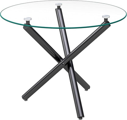 Pvillez 36“ Round Dining Table for 4, Contemporary Tempered Glass Dining Table, Small Dinner Table with Black Cross Metal Base, Round Clear Kitchen Table Writing Desk for Dining Kitchen