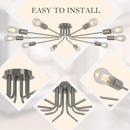 10 Light Sputnik Chandelier Brushed Nickel Ceiling Light Semi Flush Mount Light Ceiling Lamp for Kitchen Dining Room Living Room Foyer