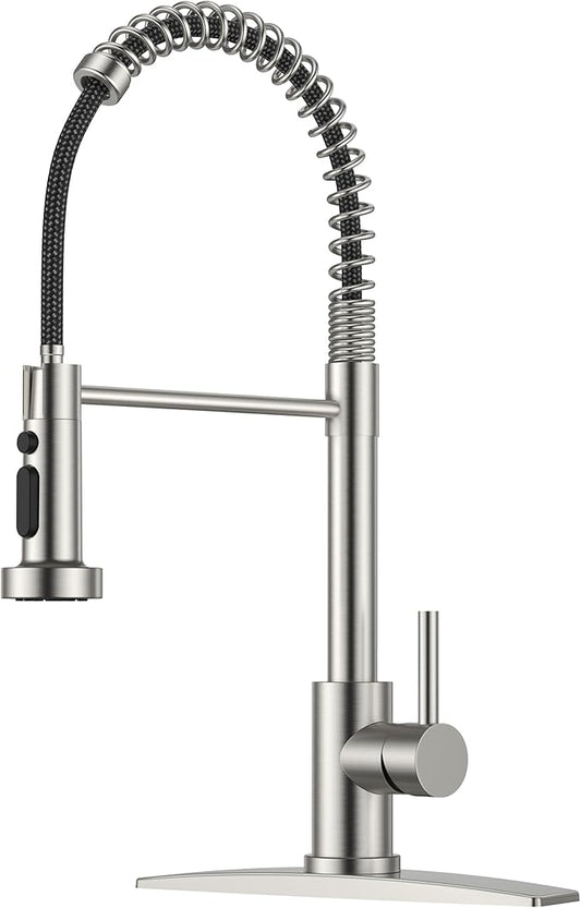 FORIOUS Kitchen Faucet with Pull Down Sprayer, Brushed Nickel Stainless Steel Single Handle Classic Spring Commercial Sink Faucet for RV Camper Bar Farmhouse Laundry