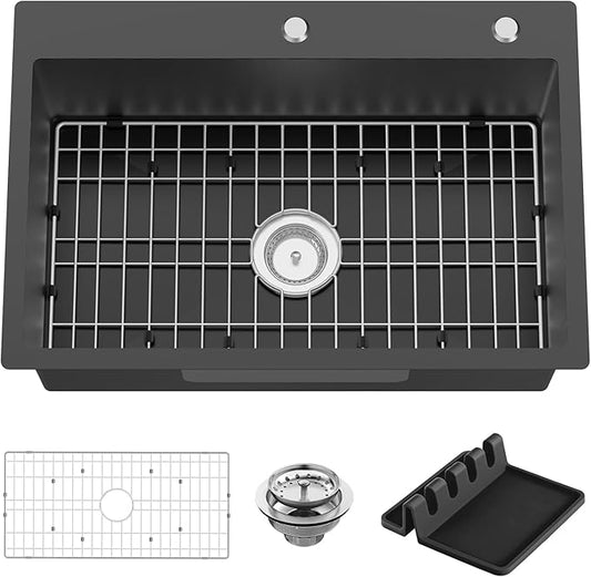 Black Kitchen Sink, 27x18 Inch Stainless Steel Drop In Modern Single Bowl Topmount Kitchen And Bar Sink Combo-SS Grid,Spoon Rest,Drain Strainer Set Compatibility With Various Kitchen&Bar Style
