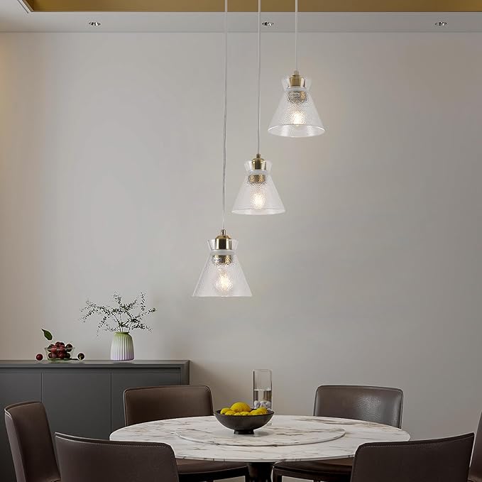 Gold Kitchen Island Pendant Light, 3-Light Farmhouse Chandelier with Seeded Glass Shades, Adjustable Hanging Light for Dining Room,Bedroom
