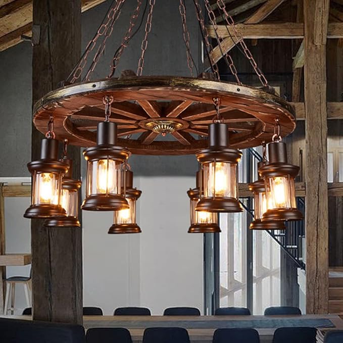 A Million Vintage Industrial Wood Chandelier with 8 Light Rudder Shape, Wood Grain Color, E26 Socket, Adjustable Hanging Chain Rustic Pendant Lighting