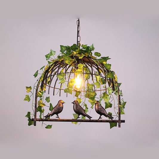 Plant Black Pendant Lighting For Kitchen Island Farmhouse, Black Resin Bird Cage Industrial Pendant Light, Retro Industrial Black Iron Bird Cage Green Plants Black Chandelier Farmhouse Restaurant
