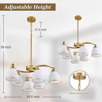 6-Light Modern Gold Chandeliers for Dining Room 59"Max Adjustable Height Farmhouse Pendant Light with Frosted Glass Shades, Metal Hanging Lamp for Kitchen Island, Dining Table, Entryway, Hallway