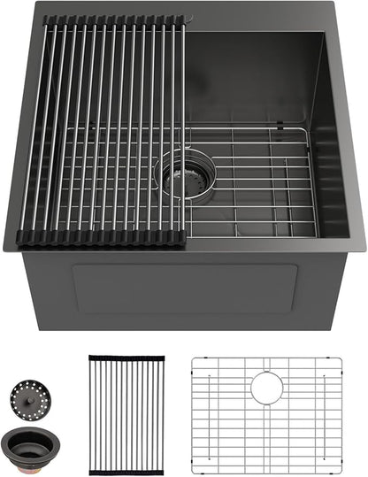 Sarlai Laundry Sink - Drop In 22"x22"x12" Deep Black Laundry Utility Sink Drop-in Topmount Single Bowl Sink 16 Gauge Stainless Steel Gunmetal Black Kitchen Laundry Room Sinks